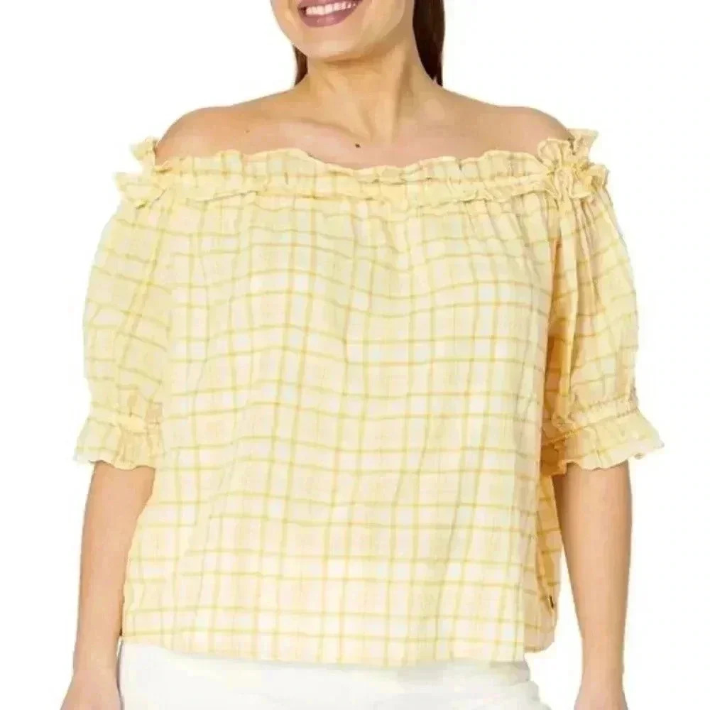TOMMY HILFIGER plaid off the shoulder ruffle top blouse Ralph Lauren j crew